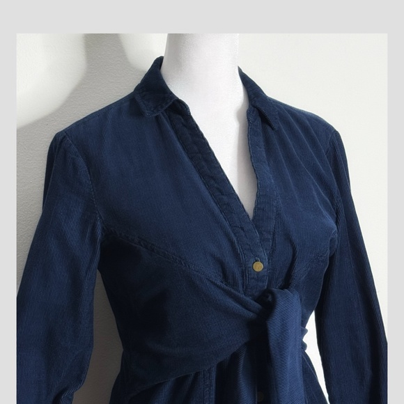 Anthropologie Maeve Dress Corduroy Winchester Blue Tie Front Button Shirt Dress - Picture 5 of 16